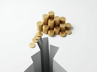 Overhead view of gold coin stacks near a stark, deep financial cliff or crevice