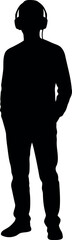 Silhouette of a person with headphones, standing in a relaxed pose, hands seemingly in pockets, embodying anonymity and focus on audio, a full-length black shadow isolated on a clean white background.