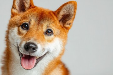 Obraz premium Close-up of a Shiba Inu dog with its tongue sticking out on a plain background. Use for pet care ads, dog breeds, or animal related projects.