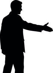 Silhouette of a professional man extending his arm for a firm handshake, symbolizing a warm greeting, successful business agreement, partnership, deal, and future collaboration.