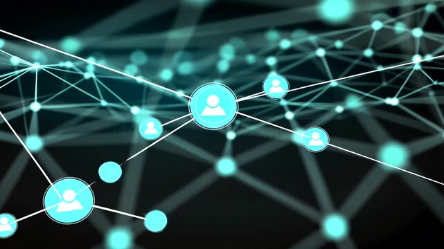 Network of nodes interconnected by lines with human figure avatars in teal circles