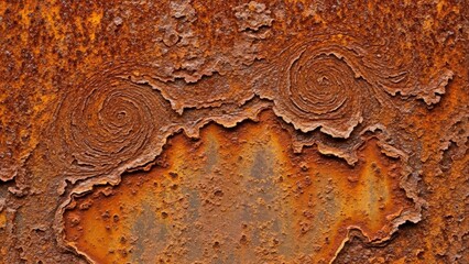 Close-up of heavily rusted and corroded metal surface with peeling paint and intricate textures.