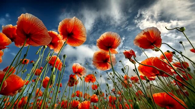 Vivid field of red flowers stretches skyward under a bright, partly cloudy sky