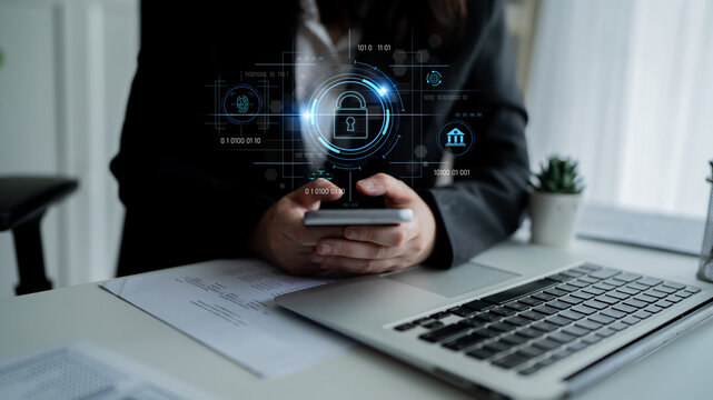 Cybersecurity system interface with biometric lock and data protection. Cybersecurity protects access, identity, cyber security prevents threats, and cyber security supports digital systems. Latch - Powered by Adobe