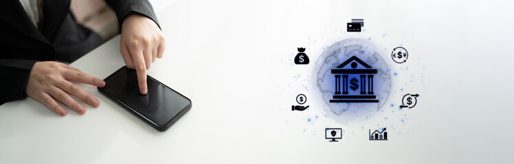 Concept of digital banking and global financial services. A network of secure online transactions, currency exchange, and money management for the international economy. Fermion