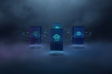 Digital cloud computing network with futuristic servers and glowing data streams