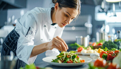 A young female chef meticulously garnishes a fresh salad in a professional kitchen, highlighting culinary artistry and dedication