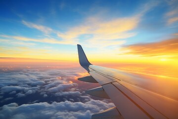 Obraz premium Stunning aerial view of airplane wing against dramatic sunset sky with clouds below