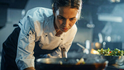 Young female chef intensely focused on cooking in a professional kitchen environment, with steam rising from a pan
