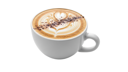 A cup of cappuccino with beautiful latte art  isolated on a transparent background