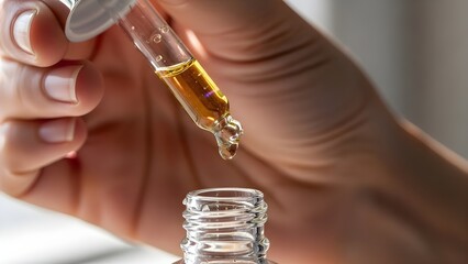 Close up of hand holding dropper above a small glass bottle
