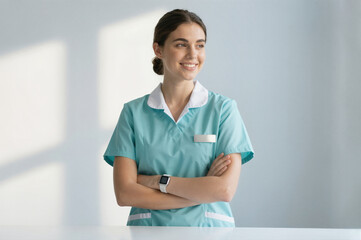 Smiling female nurse in teal uniform standing with arms crossed against a light background