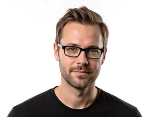 Obraz premium confident caucasian man with glasses in black shirt smiling studio portrait