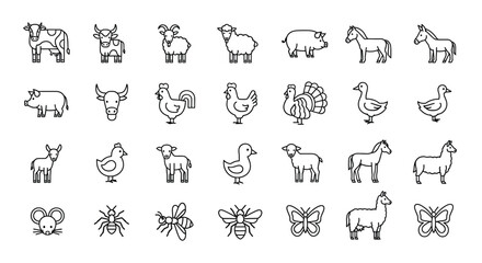 Collection of farm animal icons in outline style isolated on set of linear icons of domestic animals and insects