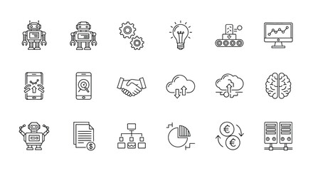 Collection of artificial intelligence icons in outline style isolated on set of linear icons of robot, cloud and data