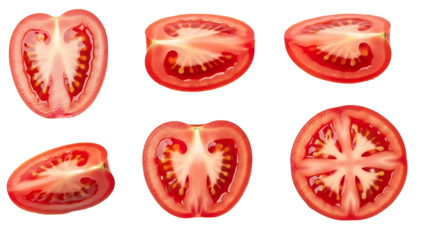 Freshly sliced tomato halves showcasing their vibrant colors and juicy interiors isolated on a transparent background