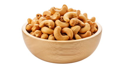A wooden bowl filled with delicious roasted cashews. Perfect snack to enjoy any time of the day isolated on a transparent background