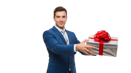 A man offering a wrapped gift. He's smiling as he presents the present with a red bow isolated on a transparent background