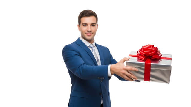 A man offering a wrapped gift. He's smiling as he presents the present with a red bow isolated on a transparent background - Powered by Adobe