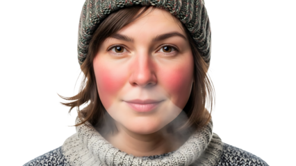 A person with flushed cheeks bundled up in the cold weather isolated on a transparent background