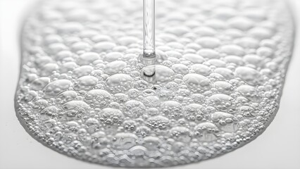 Close up of liquid bubbles forming on surface against white backdrop