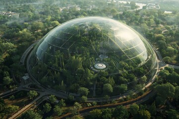 Futuristic biodome encapsulating lush rainforest ecosystem amidst verdant natural surroundings
