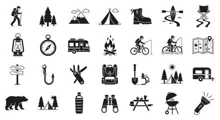 Obraz premium Collection of camping icons isolated on, representing outdoor adventure, nature, and recreational activities in a simple design