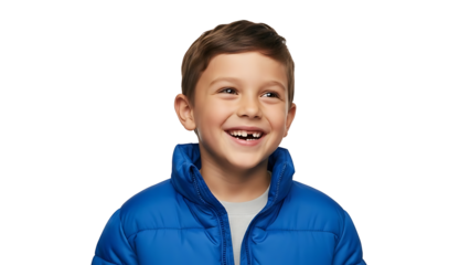 A cheerful young boy smiles broadly, showing his missing teeth isolated on a transparent background