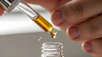 Close up of pipette dispensing amber liquid into a small bottle