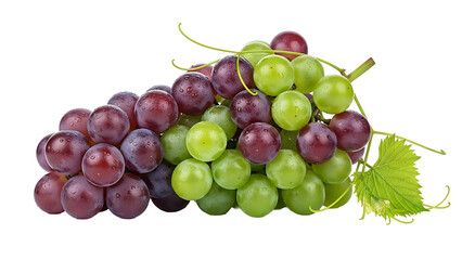A cluster of fresh red and green grapes, a natural, healthy food. The grapes have a beautiful texture with vibrant colors, and a single green leaf. isolated on a transparent background