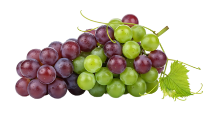 A cluster of fresh red and green grapes, a natural, healthy food. The grapes have a beautiful texture with vibrant colors, and a single green leaf. isolated on a transparent background