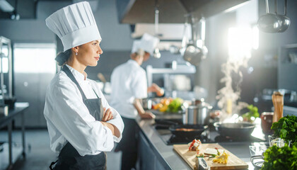 Professional female chef overseeing a busy restaurant kitchen environment with culinary activity and steam rising from cooking stations