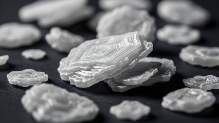 Close up of white crystalline forms on a dark surface abstract composition