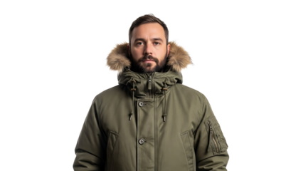A man wearing a green parka jacket with a fur-lined hood looks directly at the camera. He has a beard and is facing forward isolated on a transparent background