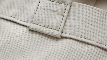 Close up view of cream fabric with stitched seam and loop detail