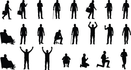 Large collection of male human silhouettes in business daily life and emotional gesture poses isolated on white background for creative stock design