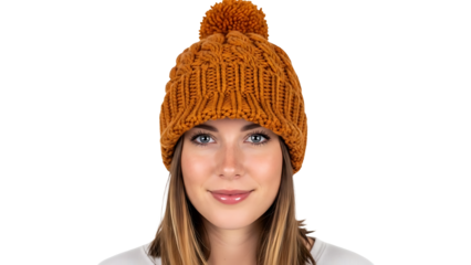 A woman wearing a cozy, orange beanie. The hat's texture is clearly visible and adds a touch of warmth isolated on a transparent background