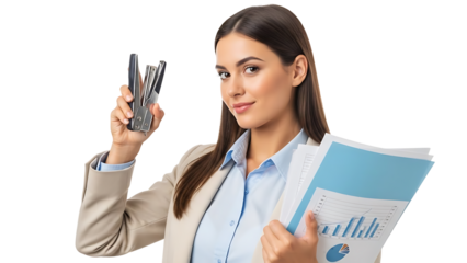 A professional woman holding a stapler and documents, looking at the camera. isolated on a transparent background