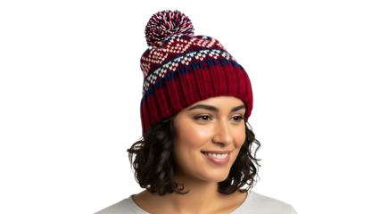 A woman wearing a cozy winter beanie with a colorful pattern isolated on a transparent background