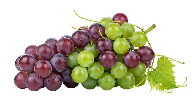 A cluster of fresh red and green grapes, a natural, healthy food. The grapes have a beautiful texture with vibrant colors, and a single green leaf. isolated on a transparent background - Powered by Adobe