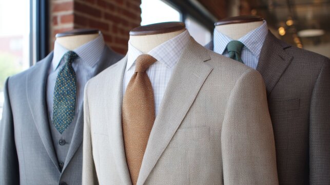 Tailored suits on display in shop window showing various styles and colors