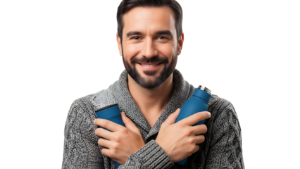 A cheerful man cuddling two thermoses in his arms, smiling warmly at the camera. He is wearing a grey cardigan and looking content. isolated on a transparent background