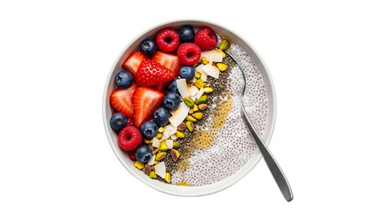 Healthy breakfast smoothie bowl with fresh berries, fruits and topping on a bowl with a spoon isolated on a transparent background