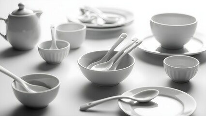 Elegant white ceramic dishes and utensils displayed on a smooth surface