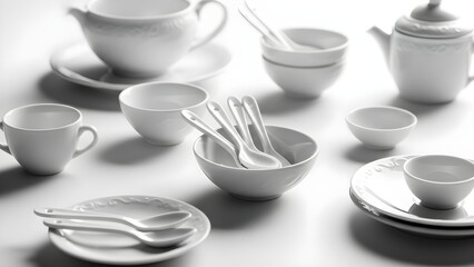 Elegant white ceramic tableware arrangement for culinary and design concepts