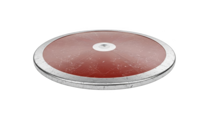 Red discus with silver rim on black background athletic equipment