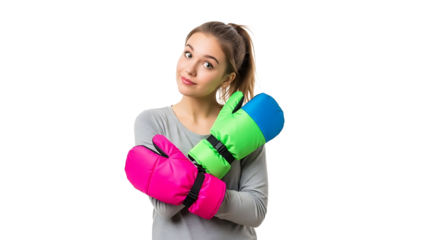 Young woman playfully wearing oversized mittens and smiling gently. She's dressed in a gray long sleeve and looks to the camera. isolated on a transparent background