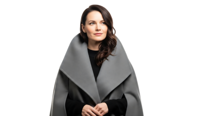 A stylish woman wearing a grey coat with a classic pose isolated on a transparent background