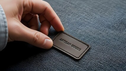 Person holding a leather label with text against textured fabric background