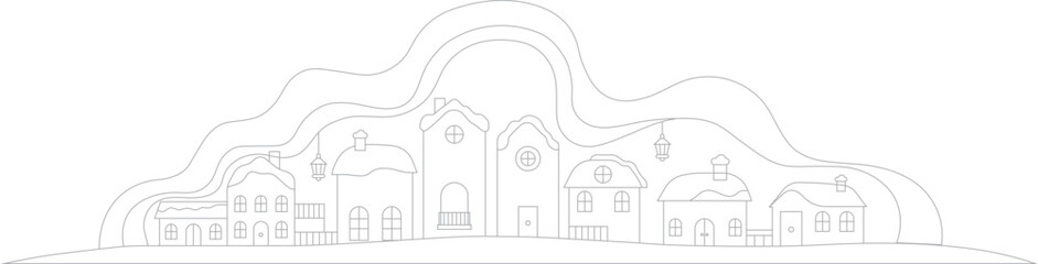 Fototapeta premium Minimalist Christmas Village Outline Illustration Featuring Snow Covered Houses and Curved Winter Landscape Layers in a Clean Elegant Thin Line Vector Style